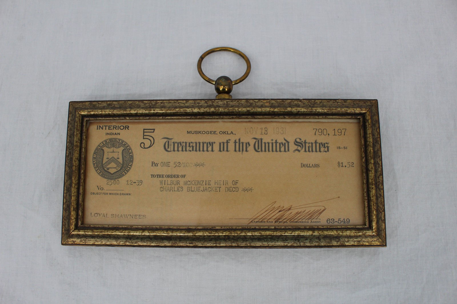 Vintage 1931 US Treasury Indian Check Framed Muskogee OK Cherokee Bluejacket Vintage 1931 US Treasury Indian Check Framed Muskogee OK Cherokee Bluejacket