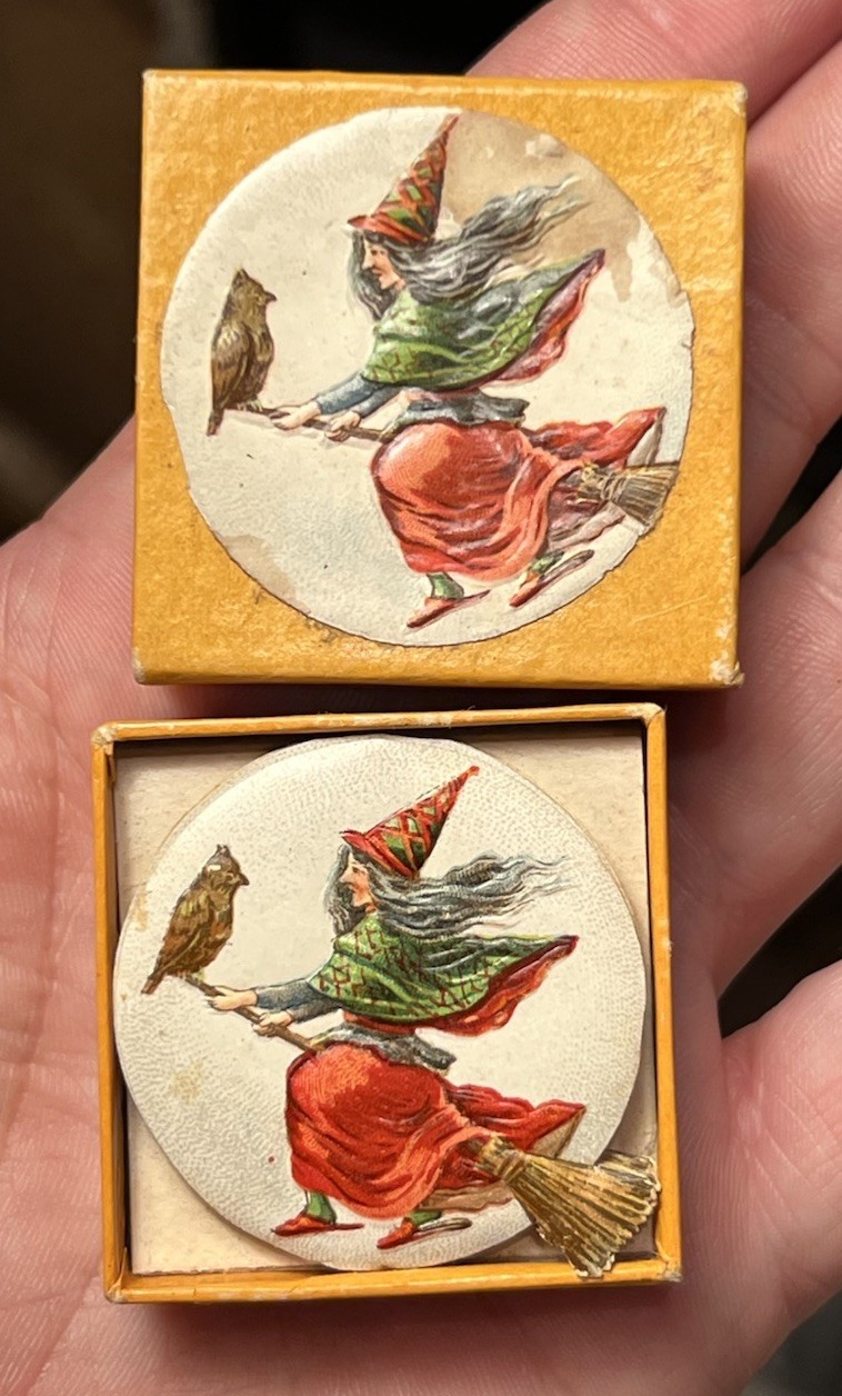 Rare Box Antique Early 1900’s Gibson Line Halloween Seals Witch & Owl on Broom