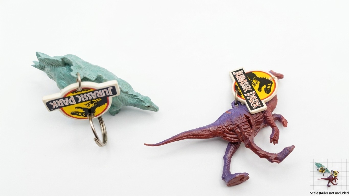 Two (2) original 1993 Jurassic Park rubber dinosaur keychains. Two (2) original 1993 Jurassic Park rubber dinosaur keychains.