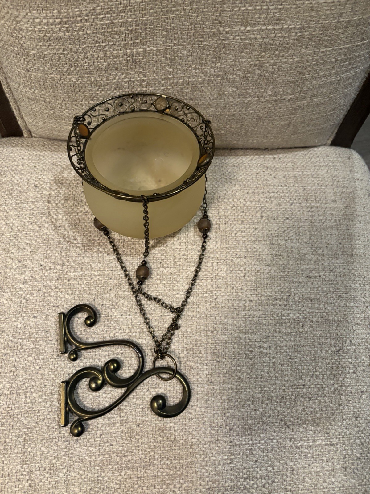 PartyLite Frosted Amber Glass Beaded Hanging Candle Holder Basket PartyLite Frosted Amber Glass Beaded Hanging Candle Holder Basket
