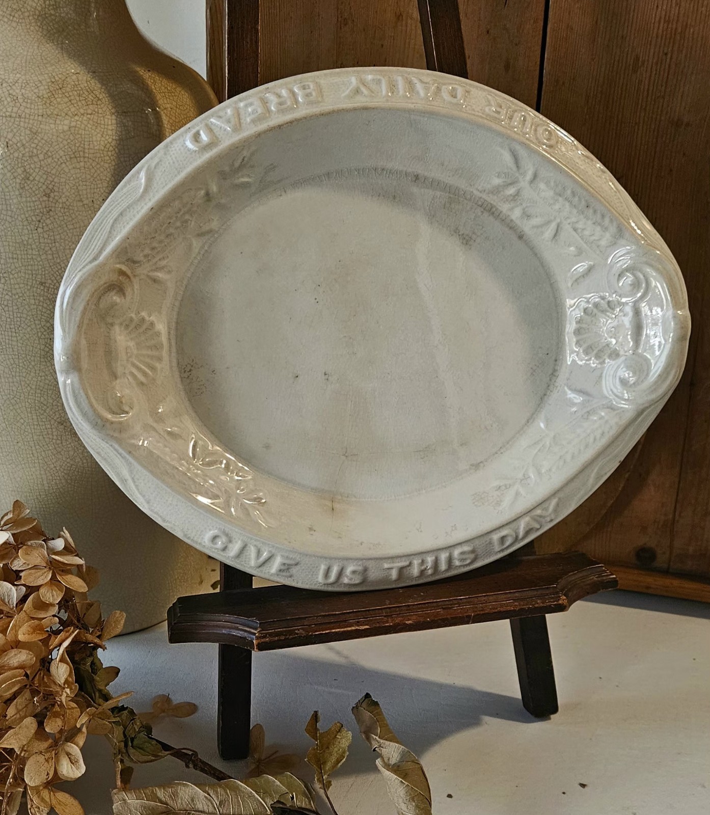 Antique White Ironstone Bread Platter "Give Us This Day" Stained Crazed 