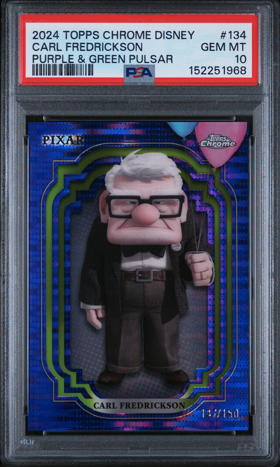 2024 Topps Chrome Disney #134 Carl Fredrickson Purple & Green Pulsar PSA 10 2024 Topps Chrome Disney #134 Carl Fredrickson Purple & Green Pulsar PSA 10