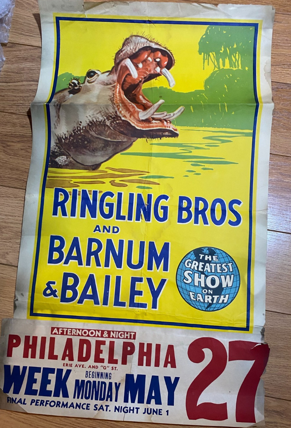 Authentic 1946 Ringling Bros Barnum & Bailey Circus Poster Philadelphia HIPPO