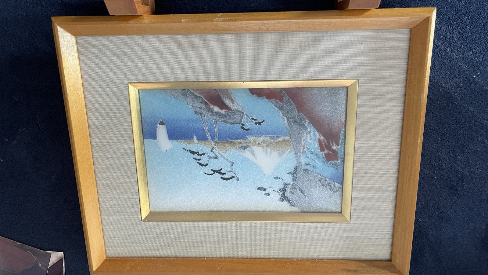 Vintage Japanese Cloisonné Enamel Plaque Mount Fuji Pine Tree Sailboat Framed Vintage Japanese Cloisonné Enamel Plaque Mount Fuji Pine Tree Sailboat Framed