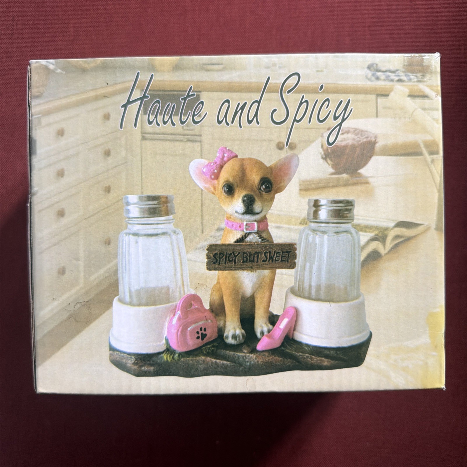 Chihuahua Dog Salt and Pepper Shaker Set with 'Spicy But Sweet' Sign Chihuahua Dog Salt and Pepper Shaker Set with 'Spicy But Sweet' Sign