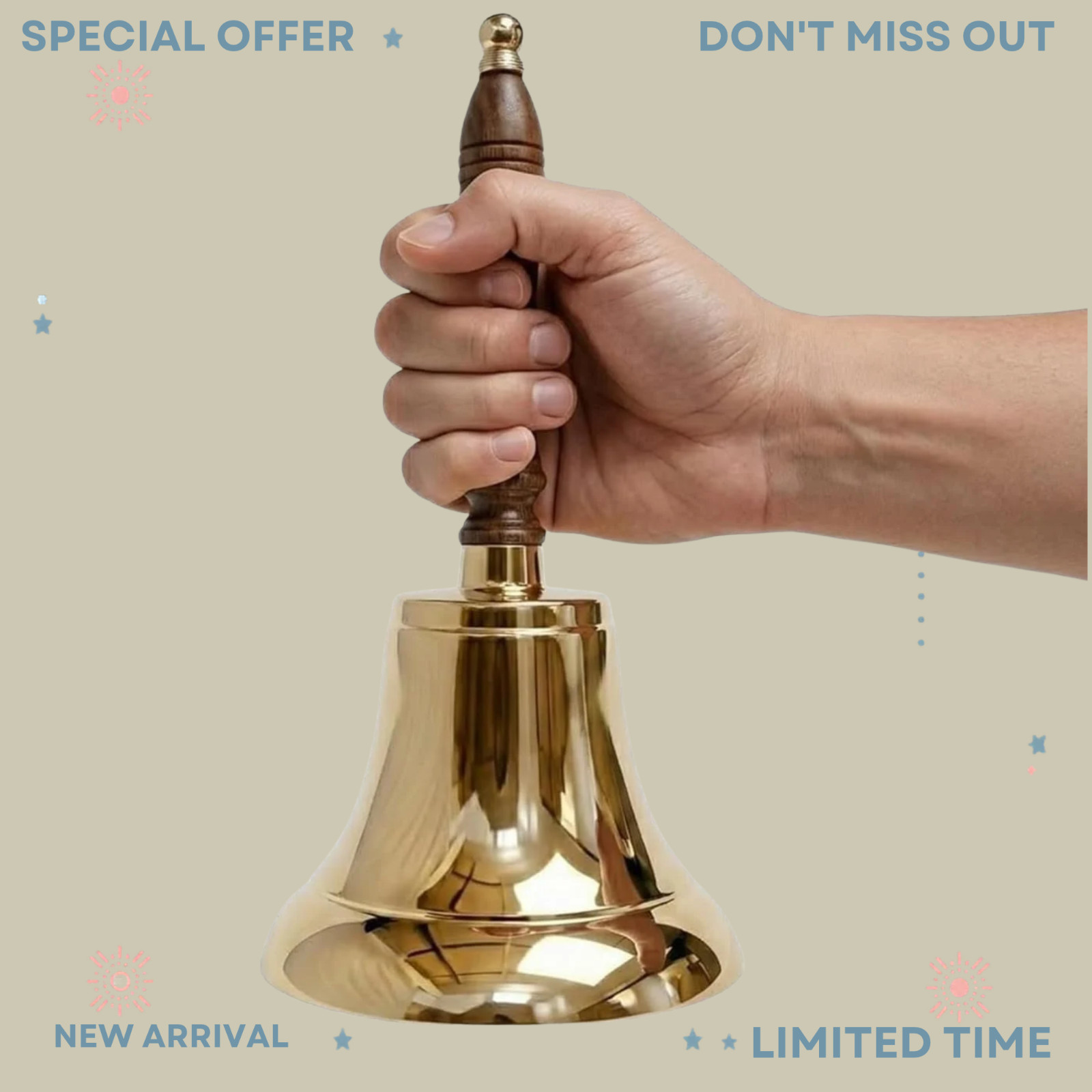 NEW Large Solid Brass Loud Hand Call 11"H x 5"D Polished Brass for Events