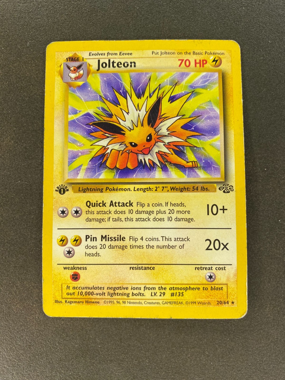 1st Edition - Jolteon 20/64 - Jungle Set - Vintage 1999 Pokemon Card - LP / MP 1st Edition - Jolteon 20/64 - Jungle Set - Vintage 1999 Pokemon Card - LP / MP