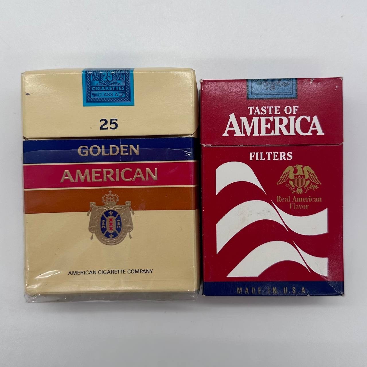 Vintage 1990s Golden American 25 & Taste of America Empty Cigarette Packs Lot Vintage 1990s Golden American 25 & Taste of America Empty Cigarette Packs Lot