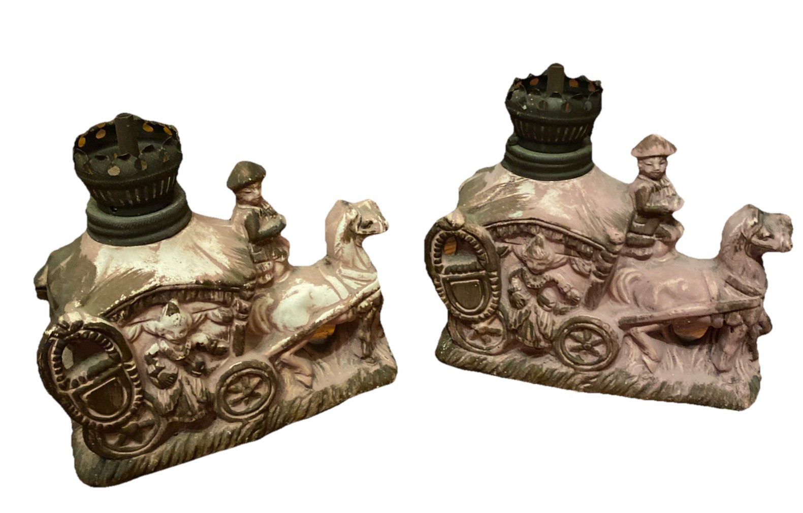 Set Of 2 Vtg Porcelain Oil Lamp Carriage Horses Lady and Coachman 5.5x5.25x2" Set Of 2 Vtg Porcelain Oil Lamp Carriage Horses Lady and Coachman 5.5x5.25x2"