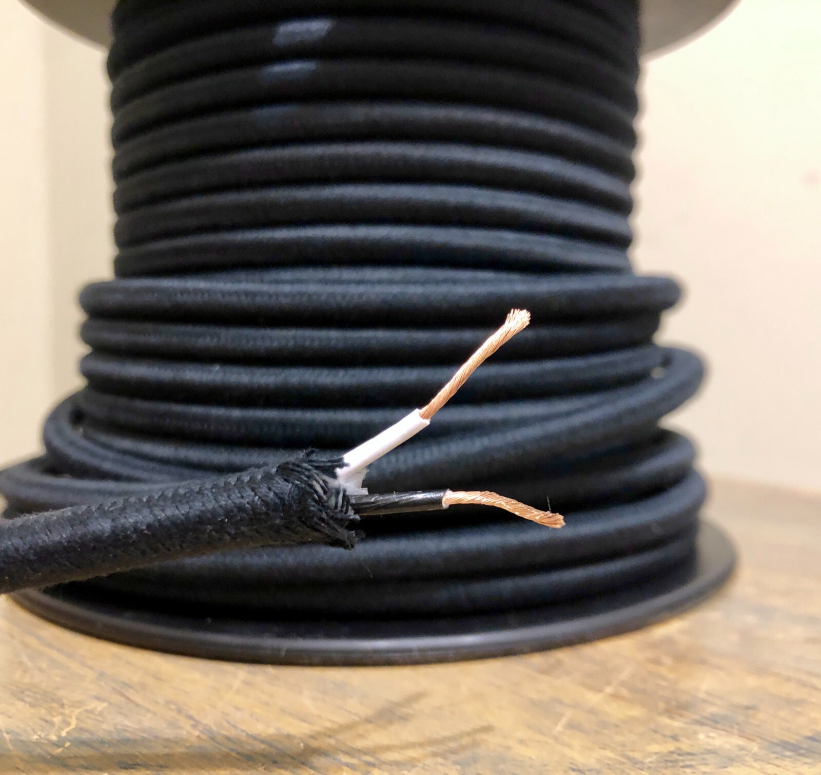 Black Cotton Cloth Covered 2-Wire Round Cord, Vintage Lamp 18ga power cable, USA Black Cotton Cloth Covered 2-Wire Round Cord, Vintage Lamp 18ga power cable, USA