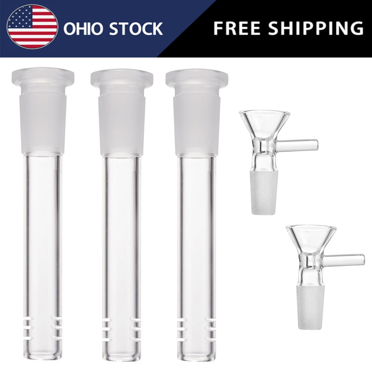 3-Pack 4.3'' 14mm Glass Downstem and 14mm Male Bowl Piece for Glass Bong-US SHIP