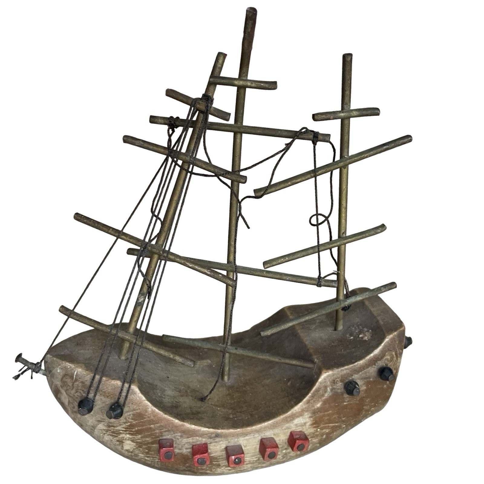 Vtg Wooden Sailing Ship Sail Brass Masts 7.5”