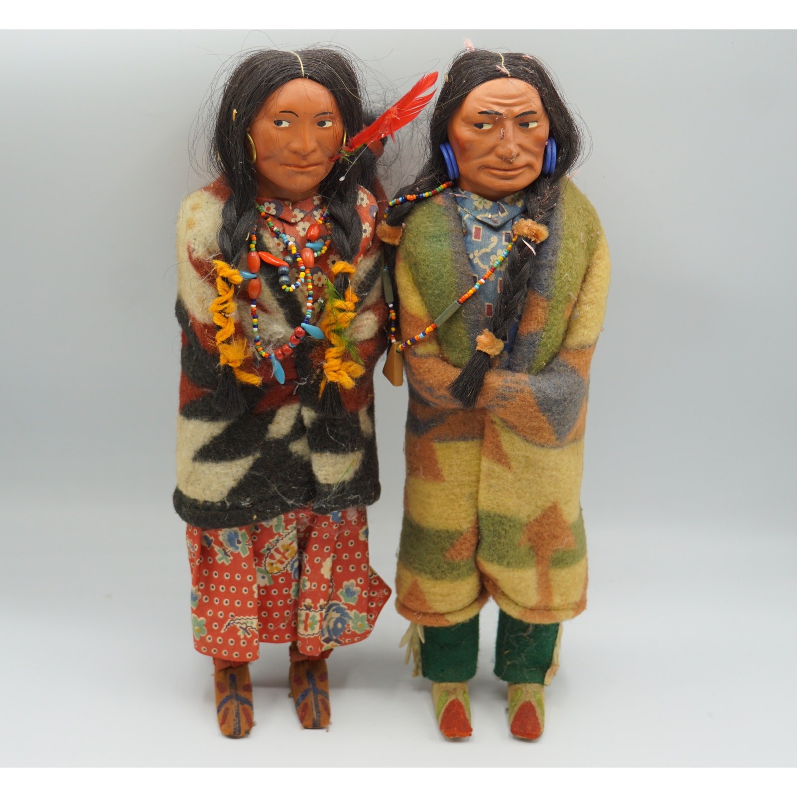 Skookum Bully Good Indian Doll Pair 11" Male Female Original Label Leather Feet Skookum Bully Good Indian Doll Pair 11" Male Female Original Label Leather Feet