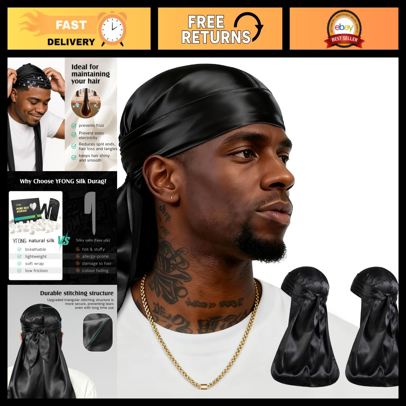 100% Mulberry Silk Durag for Men & Women, 22 Momme Soft Hair Care Headwrap 100% Mulberry Silk Durag for Men & Women, 22 Momme Soft Hair Care Headwrap