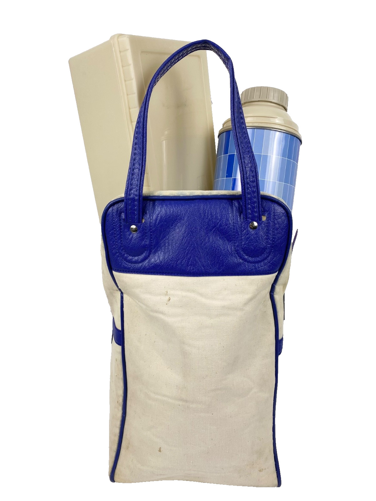 Vintage 70s Thermos King Seeley Picnic Set Metal Thermos Lunch Box Bag Blue Vintage 70s Thermos King Seeley Picnic Set Metal Thermos Lunch Box Bag Blue