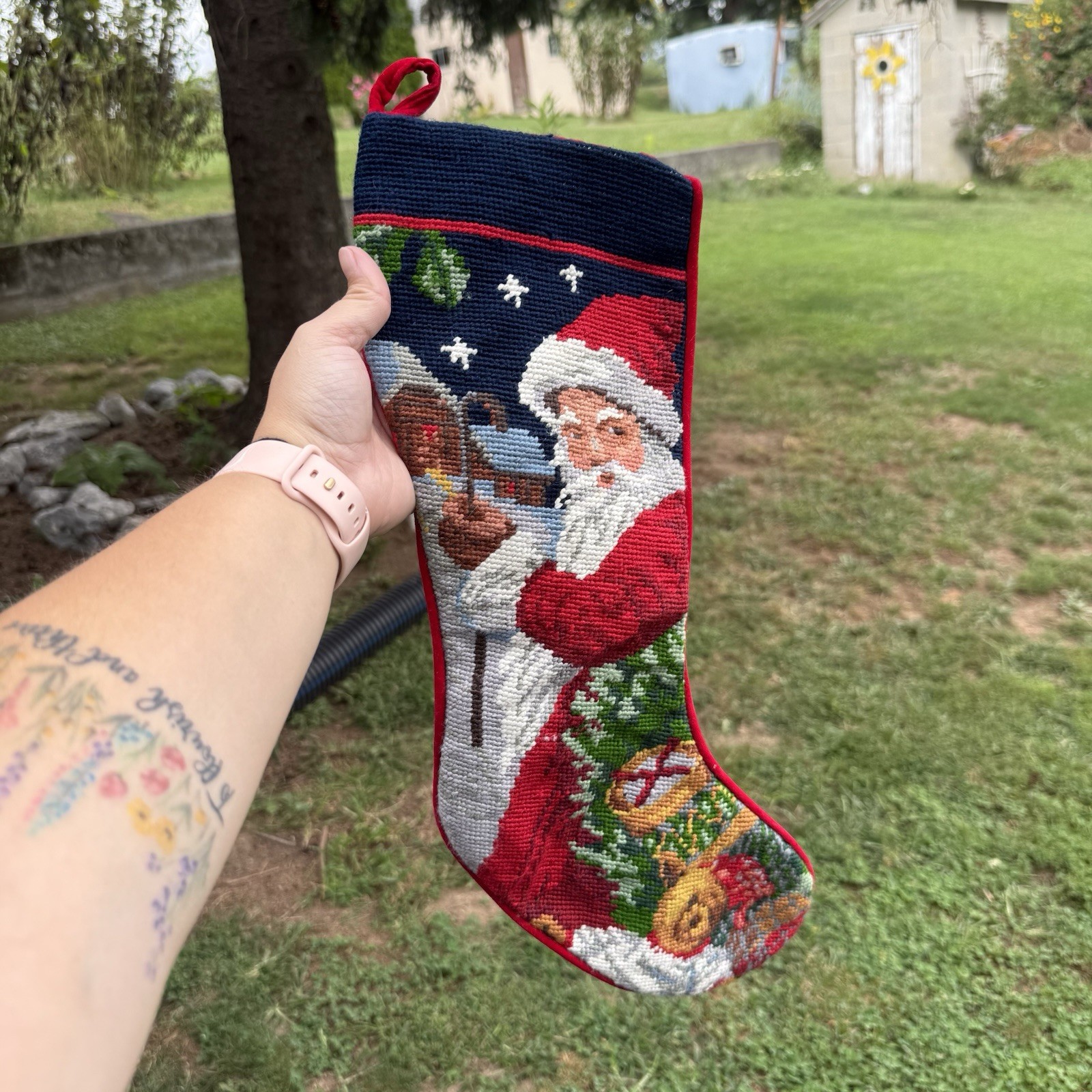 Vintage Christmas Needlepoint Santa Old World Velvet Backed Stocking Xmas Vintage Christmas Needlepoint Santa Old World Velvet Backed Stocking Xmas