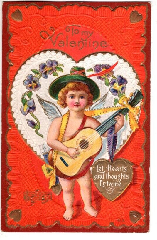 ANTIQUE EMBOSSED VALENTINE Postcard     CUPID PLAYING GUITAR, HEART, PANSIES