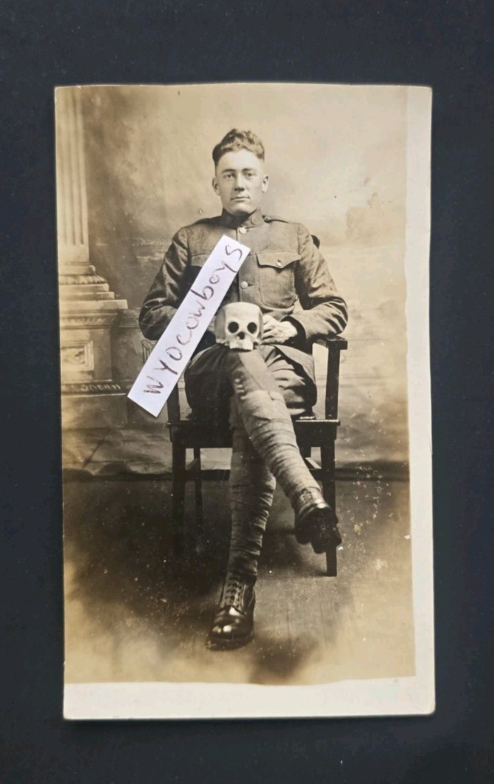1910s WWI Soldier Holding Skull RPPC Macabre Military Studio Portrait Oddity 1910s WWI Soldier Holding Skull RPPC Macabre Military Studio Portrait Oddity
