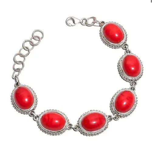 Red Coral Gemstone 8" Moonga Bracelet In 14K White Gold Plated Adjustable Size Red Coral Gemstone 8" Moonga Bracelet In 14K White Gold Plated Adjustable Size