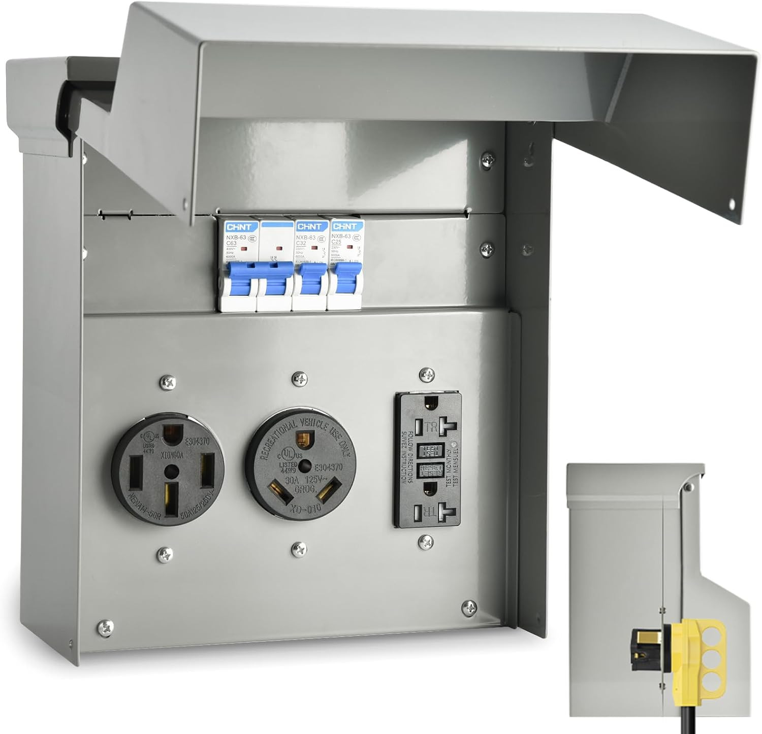 RV Electrical Panel with Breaker, Temporary Power RV Outlet Box with 20 30 50 Am RV Electrical Panel with Breaker, Temporary Power RV Outlet Box with 20 30 50 Am