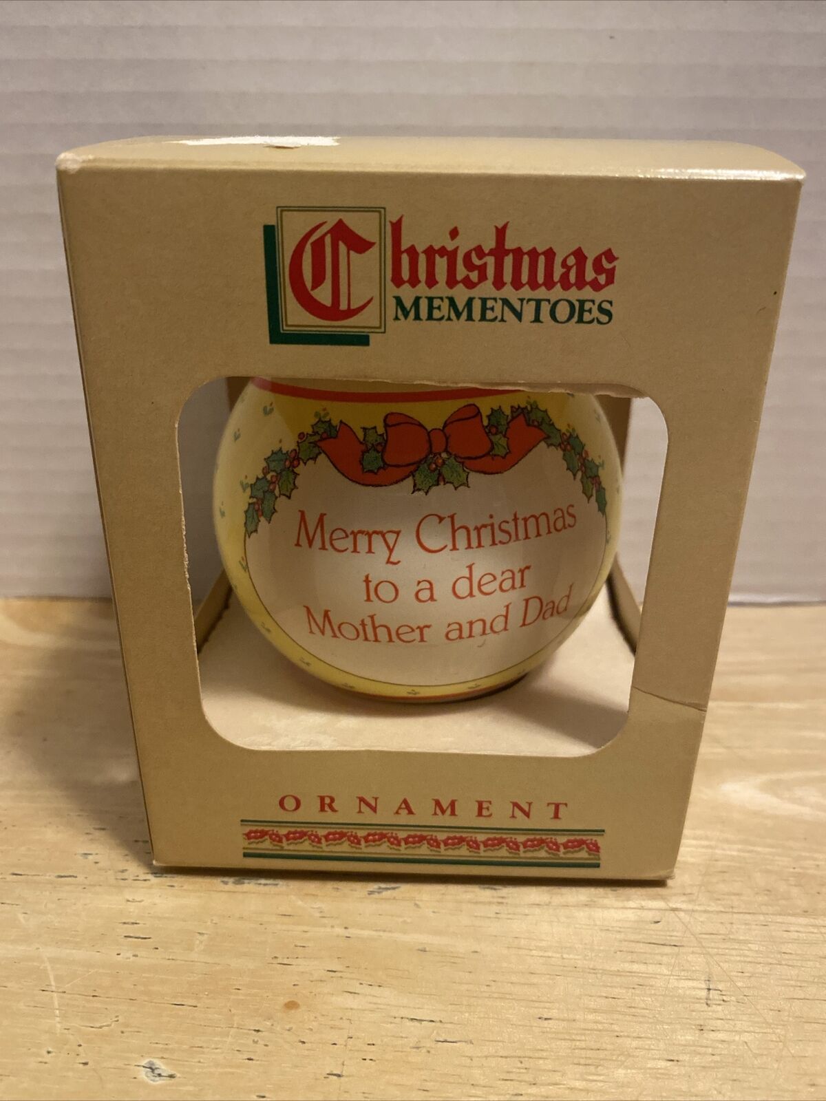 Vintage Sears Christmas Mementoes Glass Ball Ornament Mother and Dad With Box