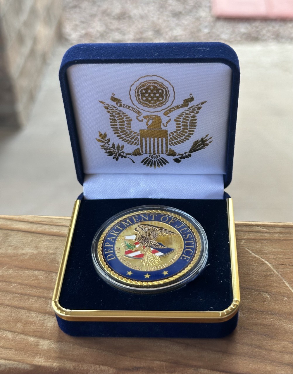 U.S. Department of Justice DOJ Challenge Coin in Blue Velvet Case ·FAST SHIPPING U.S. Department of Justice DOJ Challenge Coin in Blue Velvet Case ·FAST SHIPPING