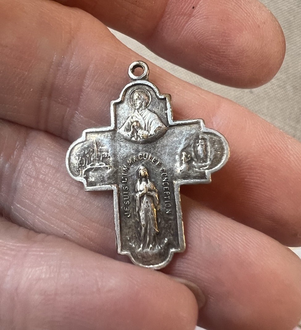 4 Way Cross Medal Lourdes 100 Year Anniversary French Silver charm Pendant 1” 4 Way Cross Medal Lourdes 100 Year Anniversary French Silver charm Pendant 1”