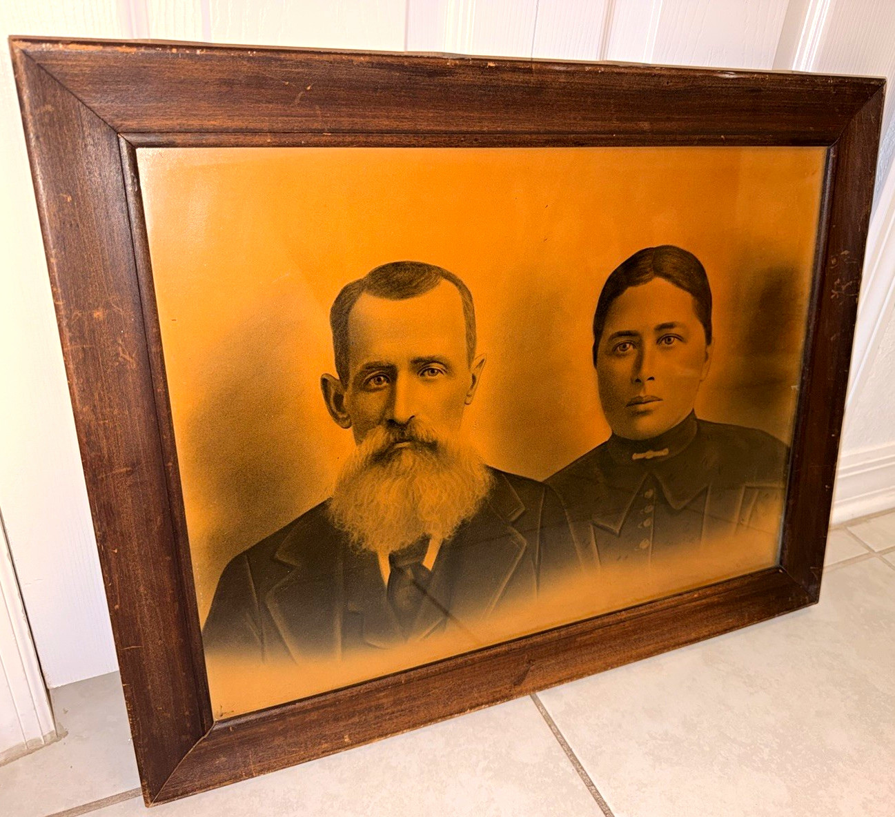 Vintage Sepia Couple Portrait Framed Wall Art Antique Style Glossy Finish 24”x19