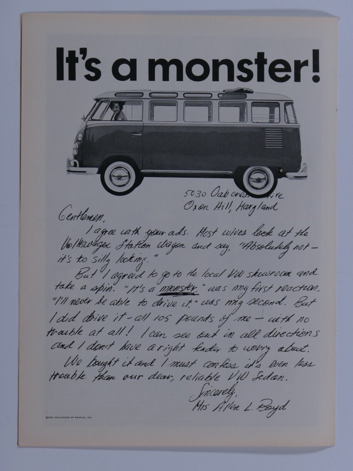 1963 Volkswagen Bus Vintage It's A Monster  B & W Original Print Ad 8.5 x 11