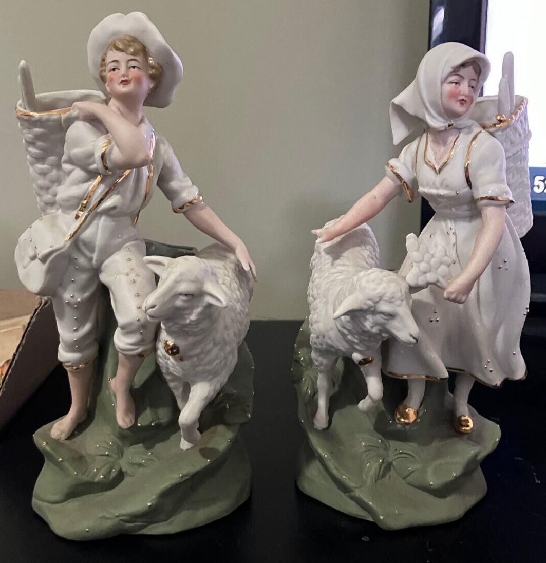Pair of Antique Bisque Shepherd and Shepherdess Figural Spill Vases - Germany