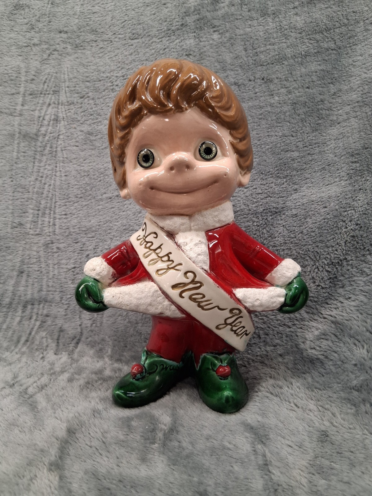 Vtg 1970s Atlantic Mold Ceramic Happy New Year Elf Figurine Gray Pop In Eyes 10" Vtg 1970s Atlantic Mold Ceramic Happy New Year Elf Figurine Gray Pop In Eyes 10"