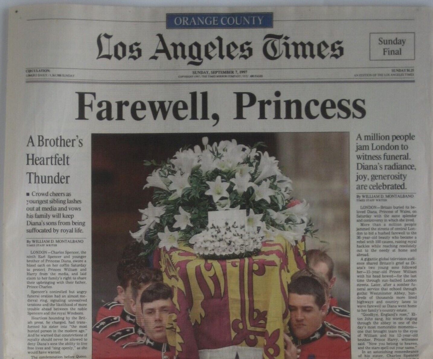 Original 1997 Los Angeles Times PRINCESS DIANA FUNERAL Charles Spencer Newspaper