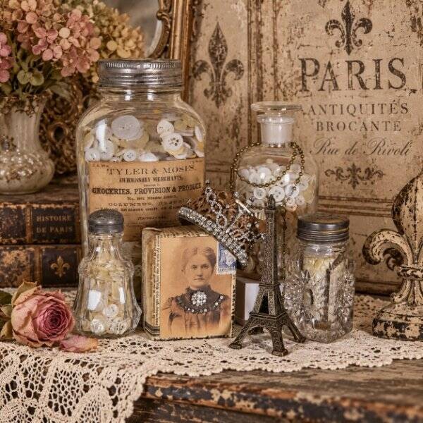 Inspired French Styling Vignette Antique Vintage Buttons Apothecary Collection Inspired French Styling Vignette Antique Vintage Buttons Apothecary Collection