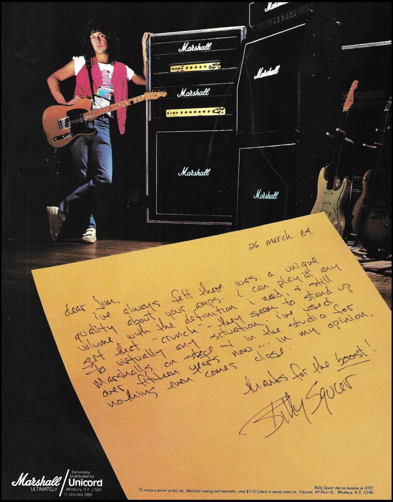 Billy Squier 1984 Marshall guitar stack amp ad original amplifier advertisement