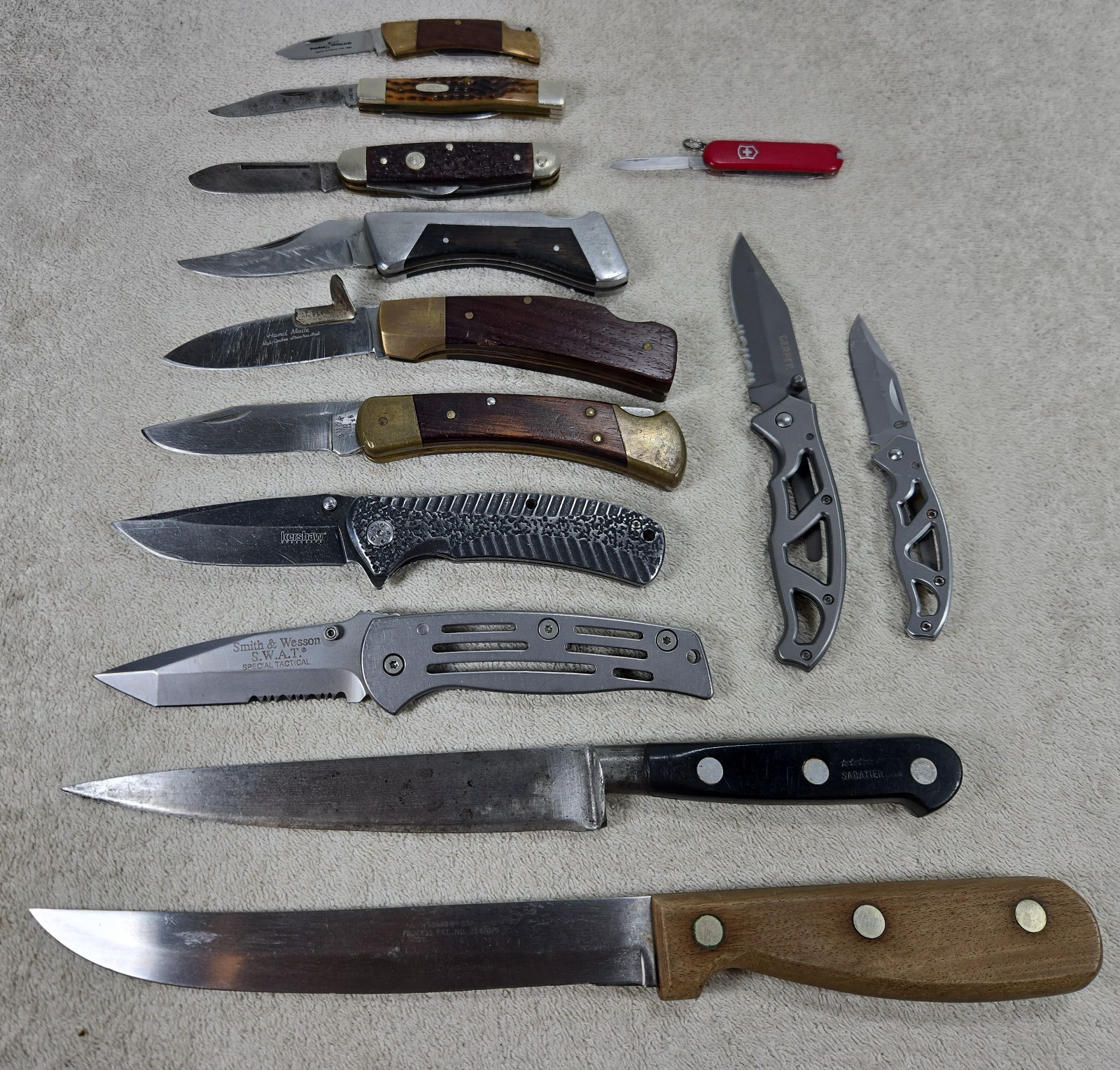 Lot of 13 Pocket Knives Fixed Sabatier, Case XX, Victorinox, Kershaw, Boker Lot of 13 Pocket Knives Fixed Sabatier, Case XX, Victorinox, Kershaw, Boker
