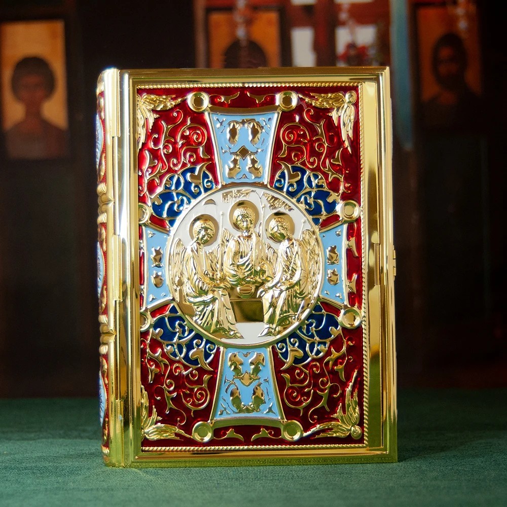 Orthodox Gospel Book Cover 9.6" Red Enamel Trinity Icon Liturgical Church Decors Orthodox Gospel Book Cover 9.6" Red Enamel Trinity Icon Liturgical Church Decors
