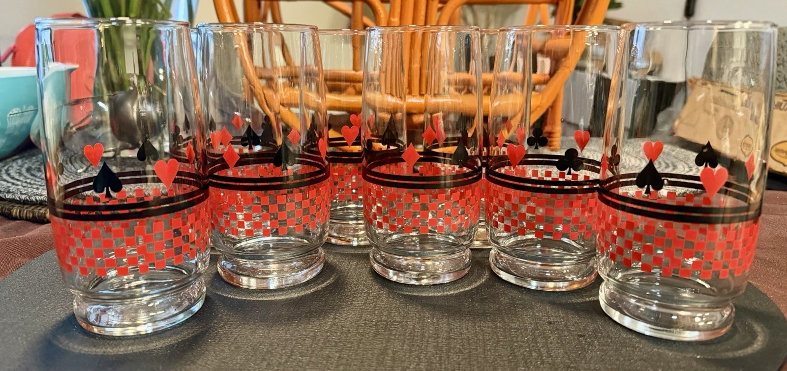 Mid century modern Vintage Schwartz Mustard playing card suit drinking glasses