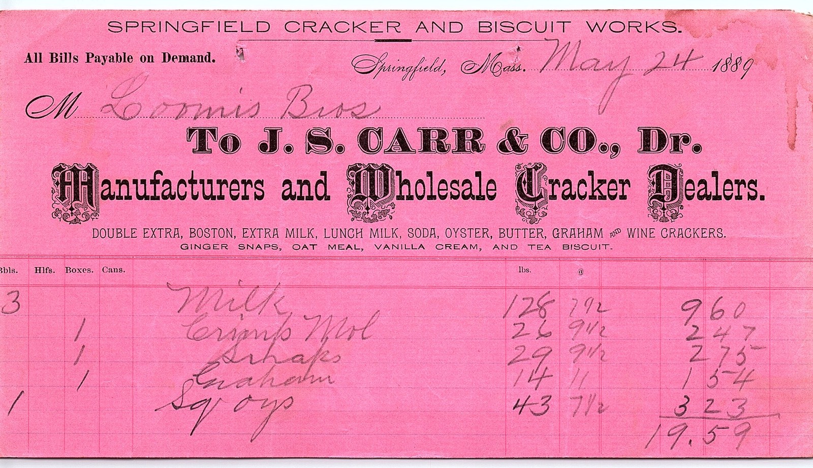 1889 Springfield Cracker Works Billhead, Pink 1889 Springfield Cracker Works Billhead, Pink