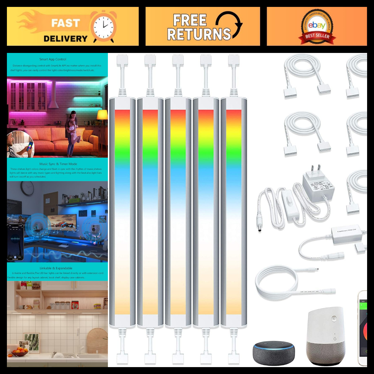 Smart LED Under Cabinet Lights, RGBW 6-Bar Kit Smart LED Under Cabinet Lights, RGBW 6-Bar Kit