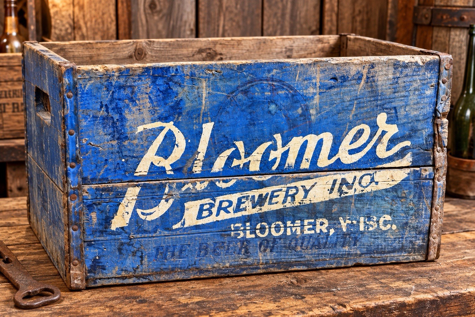 VINTAGE RARE BLOOMER BREWERY BLOOMER WISCONSIN WOODEN BEER CRATE PBR Blue Paint VINTAGE RARE BLOOMER BREWERY BLOOMER WISCONSIN WOODEN BEER CRATE PBR Blue Paint