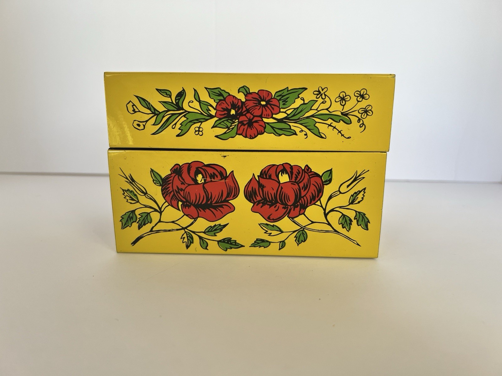 Vintage Yellow and Red Floral Metal Recipe Box, by Syndicate Manufacturing Co.