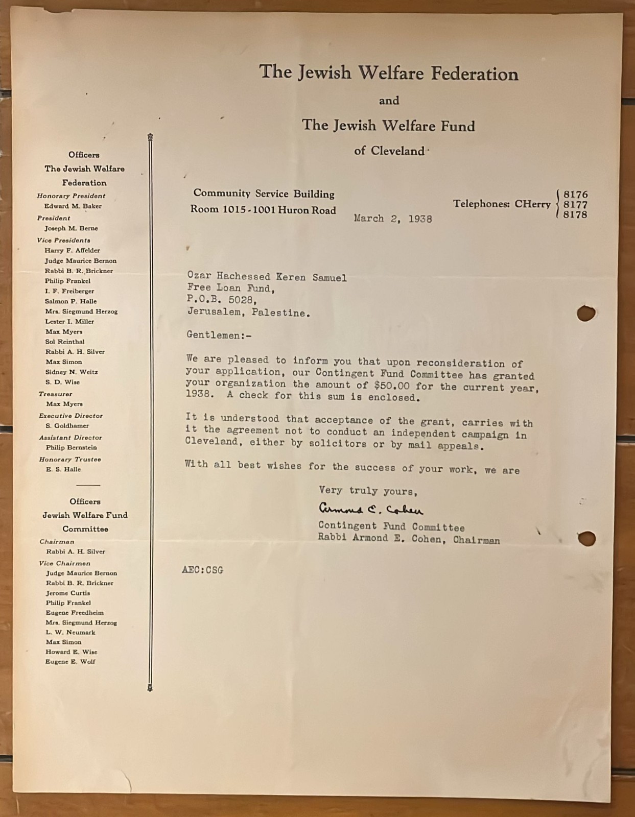 RARE letter from 1938 by Rabbi Armond E. Cohen of Cleveland to Otzar Ha-Chessed RARE letter from 1938 by Rabbi Armond E. Cohen of Cleveland to Otzar Ha-Chessed