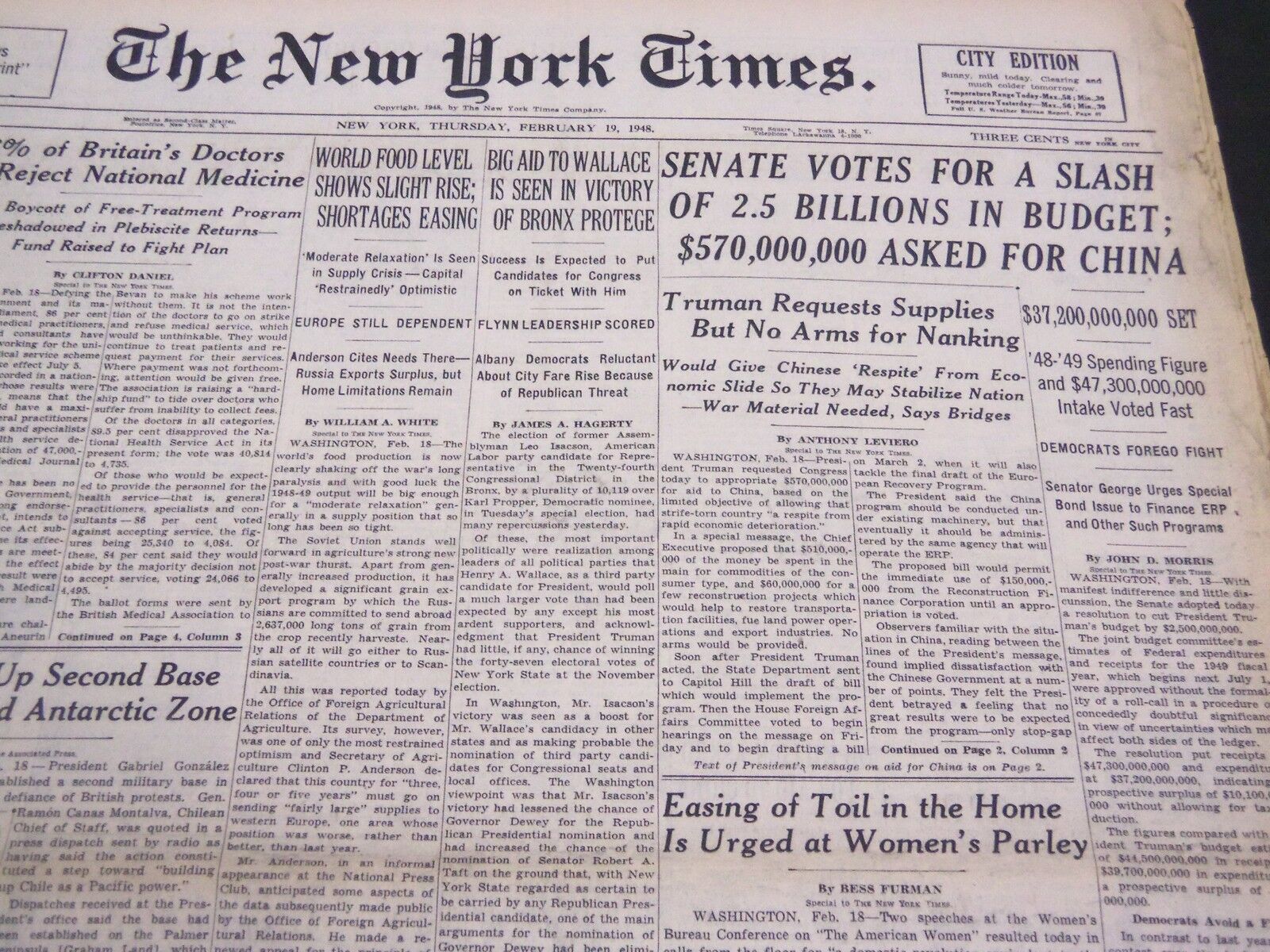 1948 FEBRUARY 19 NEW YORK TIMES - TRUMAN REQUESTS SUPPLIES NANKING - NT 4419