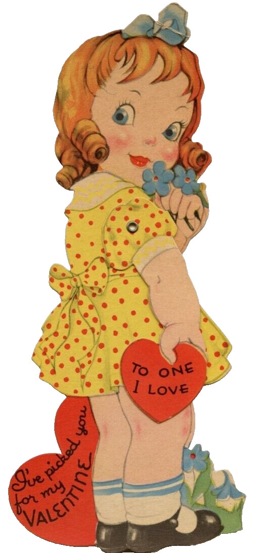 Vintage Valentine Bashful Girl Flowers I've Picked You for My Mechanical c1940s Vintage Valentine Bashful Girl Flowers I've Picked You for My Mechanical c1940s