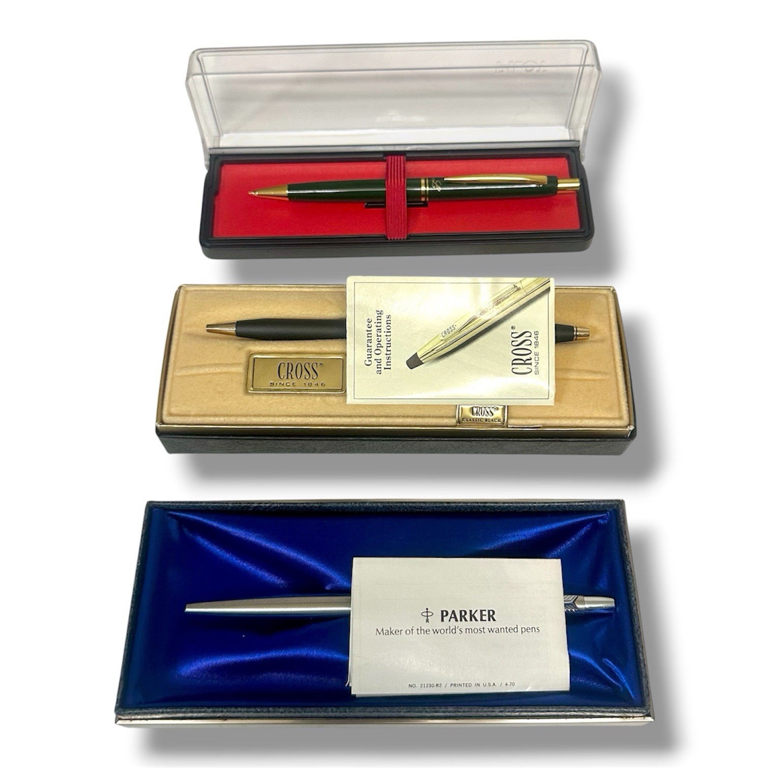 Vintage 1970s-90s 3 Pen Lot Parker Cross USA Ballpoint & Pilot Pencil w/ Cases Vintage 1970s-90s 3 Pen Lot Parker Cross USA Ballpoint & Pilot Pencil w/ Cases