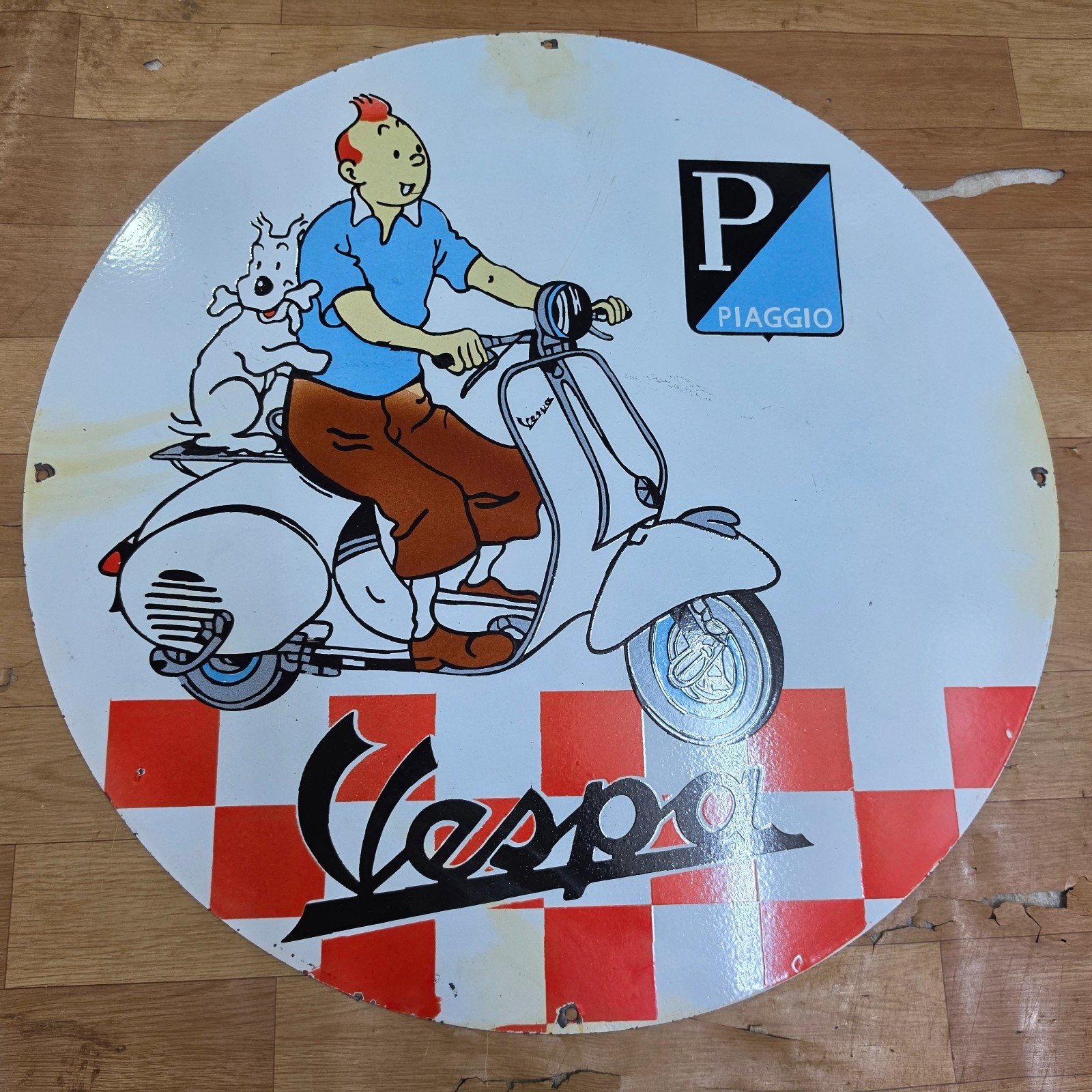 VESPA TINTIN PORCELAIN ENAMEL SIGN 29 X 29 INCHES VESPA TINTIN PORCELAIN ENAMEL SIGN 29 X 29 INCHES