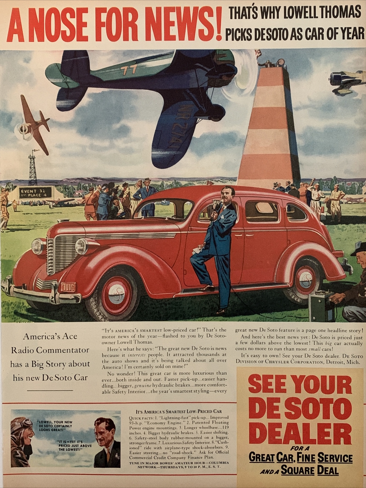 1937 vintage DeSoto automobile print ad, A Nose For News 1937 vintage DeSoto automobile print ad, A Nose For News