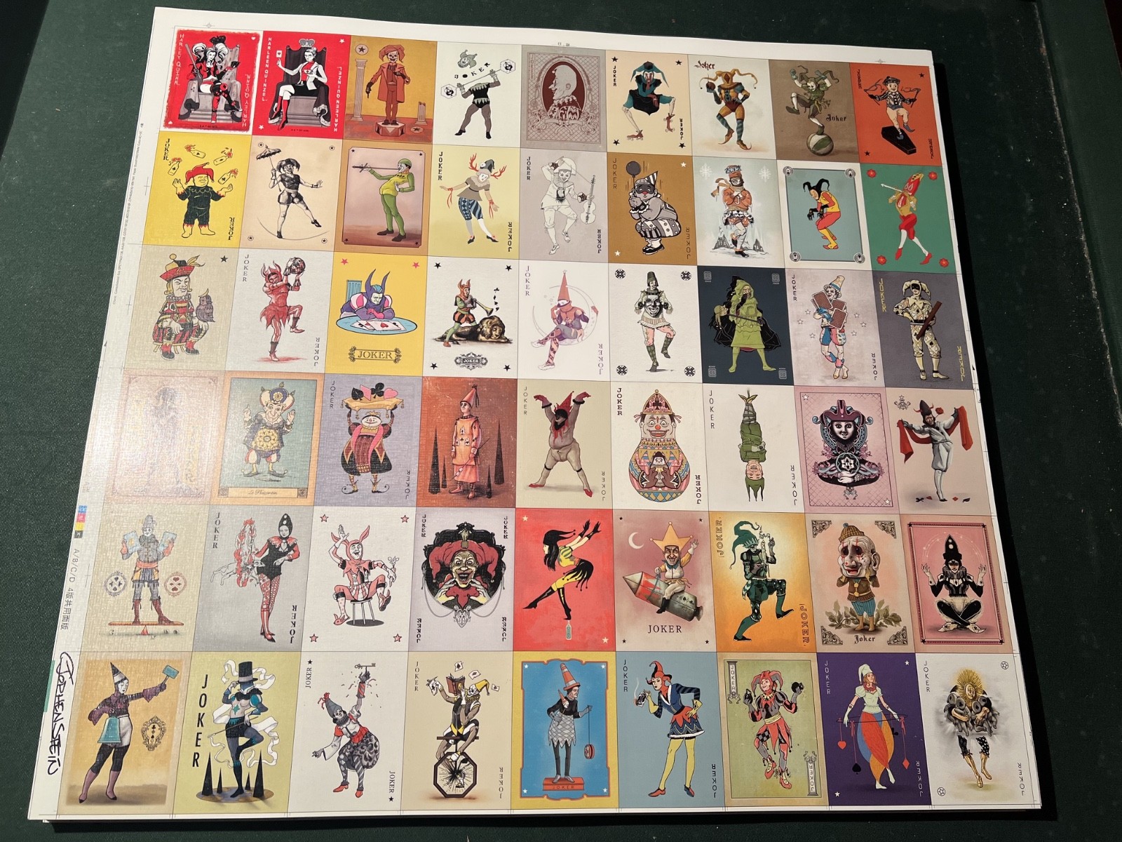 Rare Uncut Joker Card Sheet – 52 Unique Jokers +2 Harleys (artist signed) Rare Uncut Joker Card Sheet – 52 Unique Jokers +2 Harleys (artist signed)