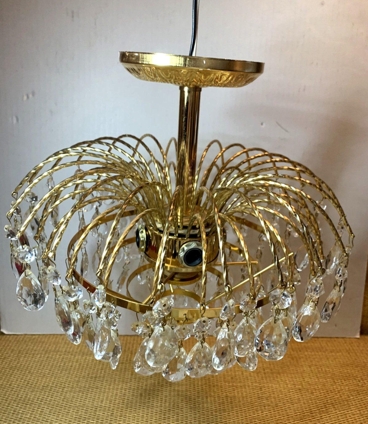 Vtg 70s Gold Brass Crystal Waterfall Chandelier Luminaire MCM Ceiling Light READ Vtg 70s Gold Brass Crystal Waterfall Chandelier Luminaire MCM Ceiling Light READ