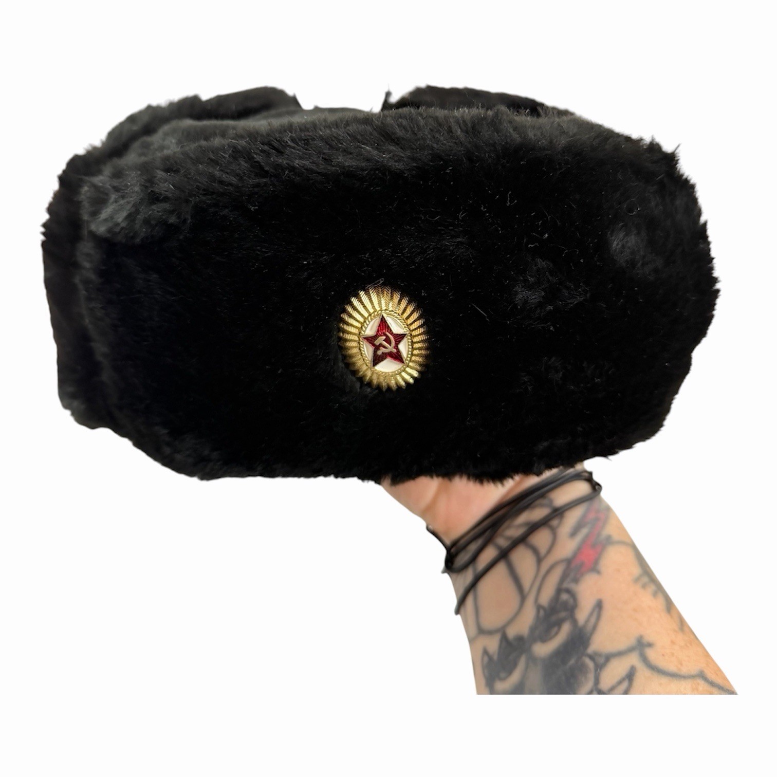 Vintage USSR Soviet Ushanka Black Faux Fur Winter Hat Red Star Ear Flaps